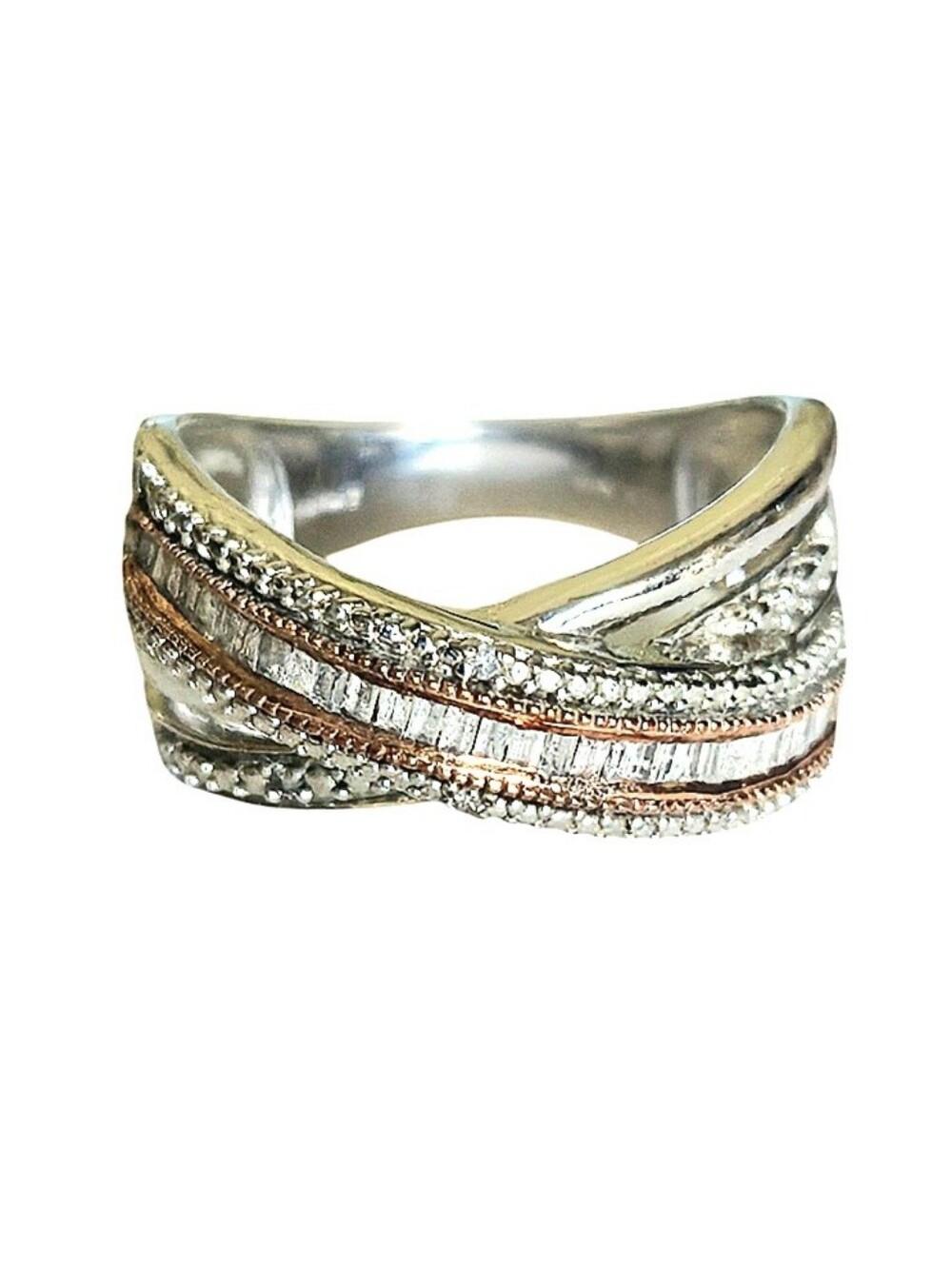 Sterling Silver and Rose Gold Twist Design Elegant Ring Embellished Diamond Gems